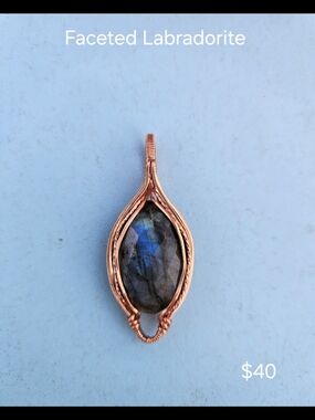 Hand Crafted Copper-Wrapped Labradorite Pendant — Blue and Gray Flash